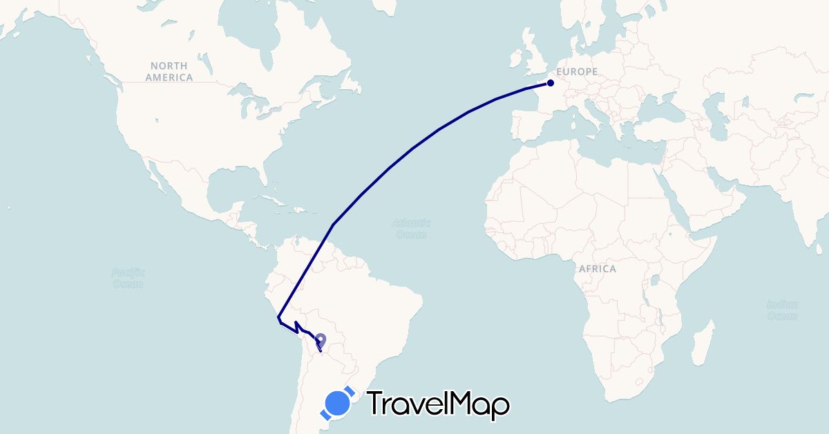 TravelMap itinerary: driving in Bolivia, France, Martinique, Peru (Europe, North America, South America)